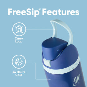 Push-to-open lid on Owala FreeSip bottle for clean spout access