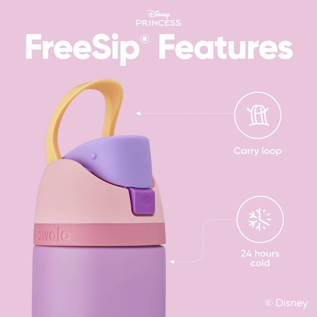 Owala Disney Princess push-to-open lid keeps spout clean during travel.