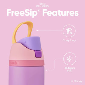Owala Disney Princess push-to-open lid keeps spout clean during travel.