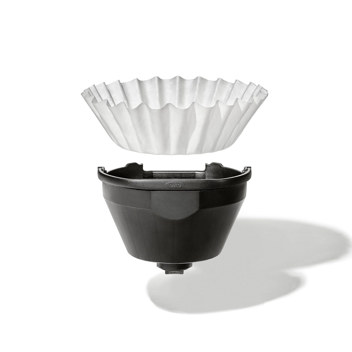 OXO Brew flat-bed filter promotes even extraction for large pot brews.