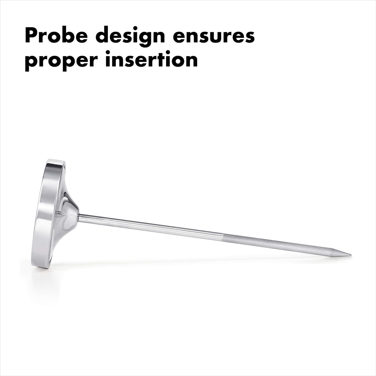 OXO thermometer probe cover shows chef-recommended temps for reference during cooking.