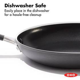OXO easy-view glass lid helps monitor cooking without lifting heat.