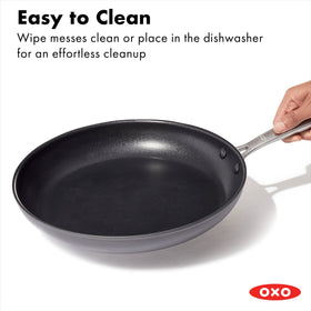 OXO Enhanced 10-inch pan is dishwasher and oven safe for versatile cooking.