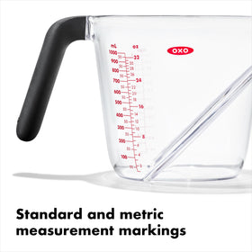 OXO Good Grips angled measuring cup featuring a non-slip ergonomic handle.