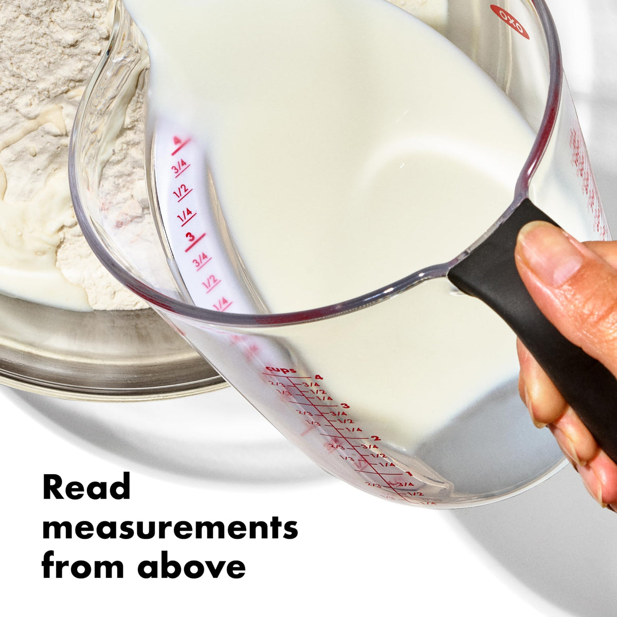 OXO Good Grips angled measuring cup with pour spout for smooth pouring.