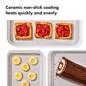 Ceramic coated bakeware from OXO promotes quick release and easy cleanup