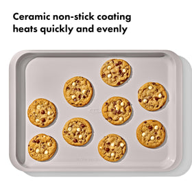 Close-up of ceramic coating resisting sticking on OXO bakeware