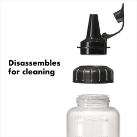 OXO Good Grips Chef's Squeeze Bottle collar and pour spout disassemble for easy cleaning.