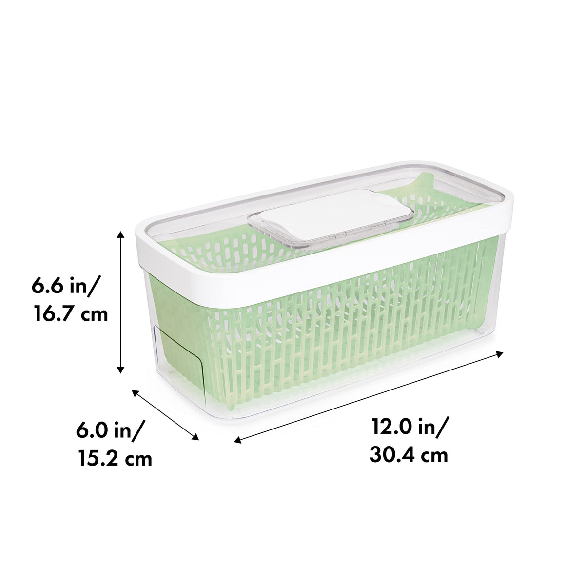 OXO GreenSaver carbon filter inside reduces ethylene to help maintain freshness.