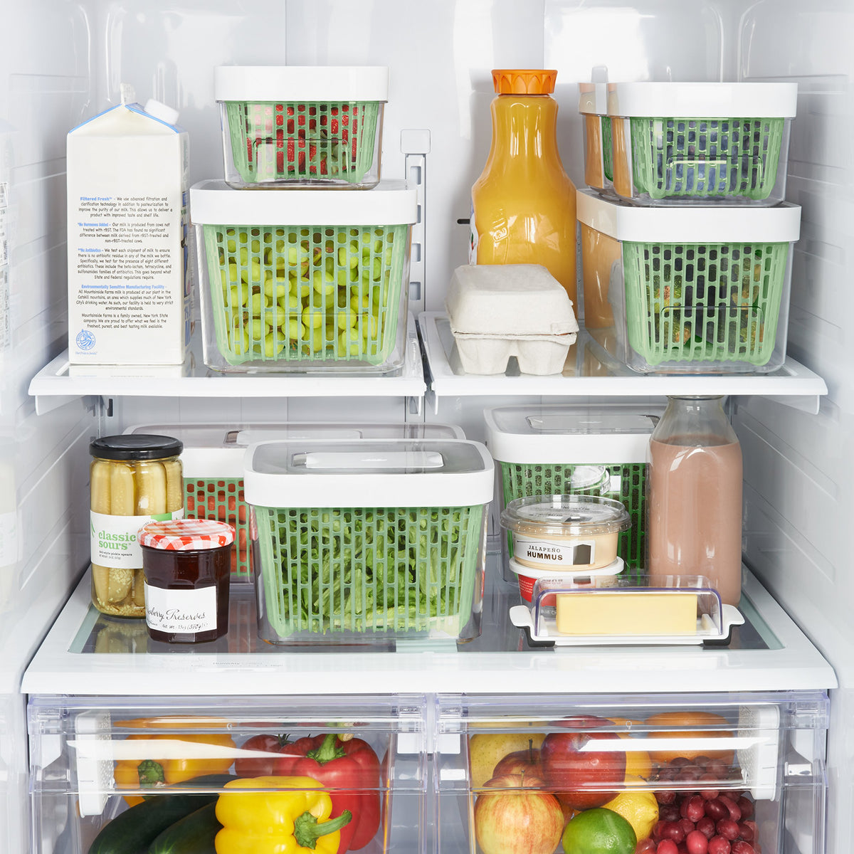 OXO GreenSaver elevated basket promotes airflow to prevent moisture buildup.