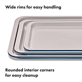 OXO Good Grips jelly roll pan in storm blue for rolled cakes with sturdy edges.