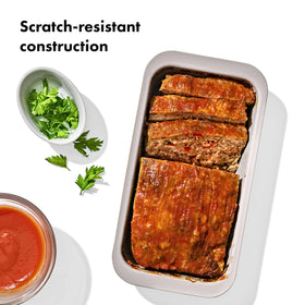 OXO Good Grips loaf pan storm blue in use, ideal for apple loaf.