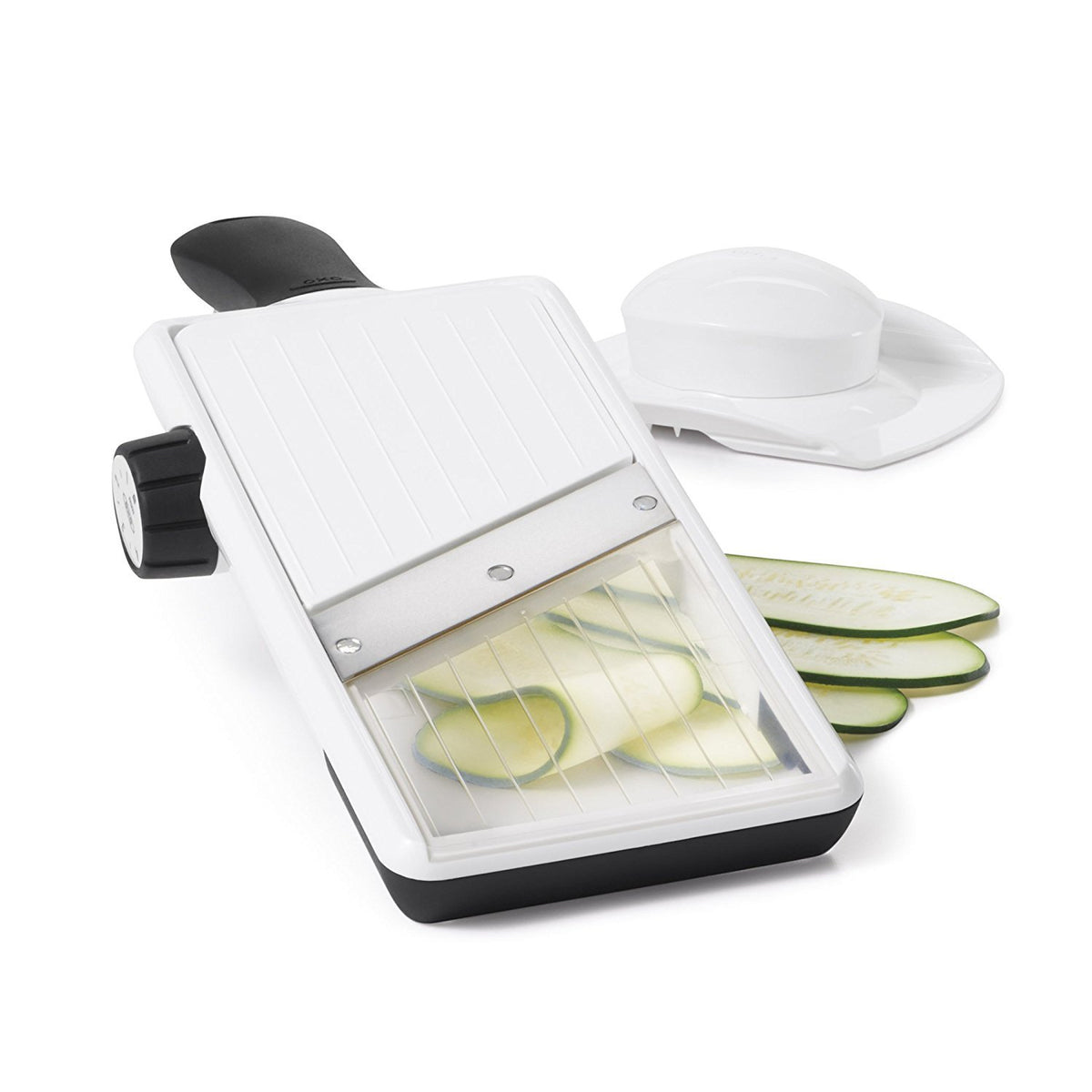 OXO Good Grips mandoline slicer wide ramp accommodating small and large vegetables.