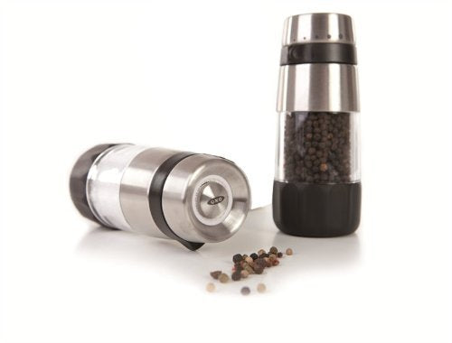 OXO Good Grips pepper grinder sits flat during refill for stability.
