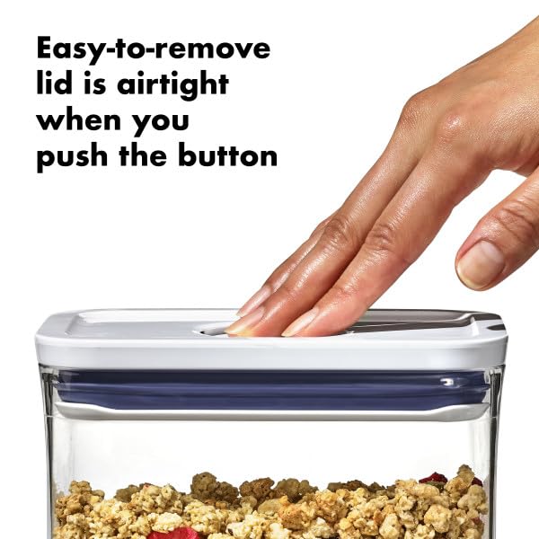 Curved dispensing corners on OXO POP container aid smooth pouring.