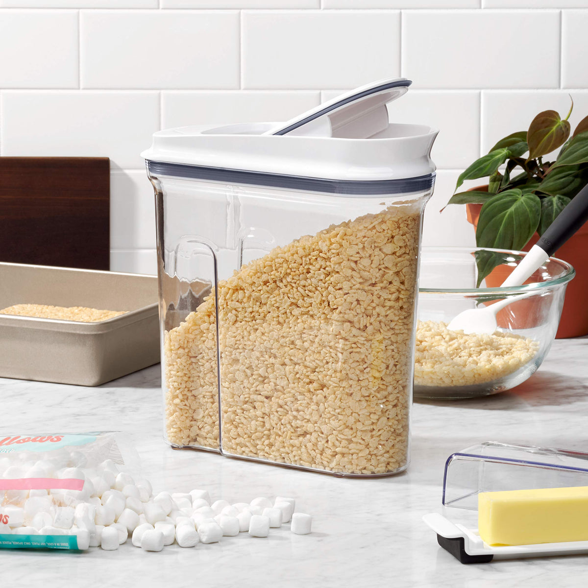 OXO Good Grips POP Large Cereal Dispenser on countertop with slim footprint