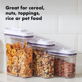 OXO Good Grips POP Large Cereal Dispenser pouring action for controlled serving