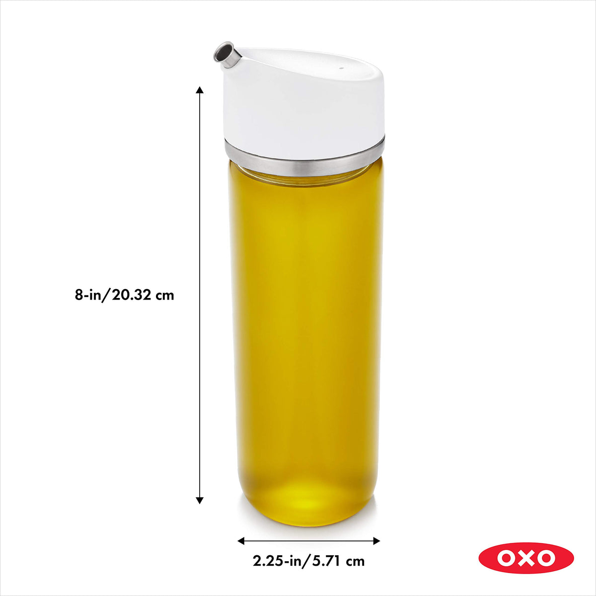 OXO Good Grips spout closeup showing drip-free control for oil pours.