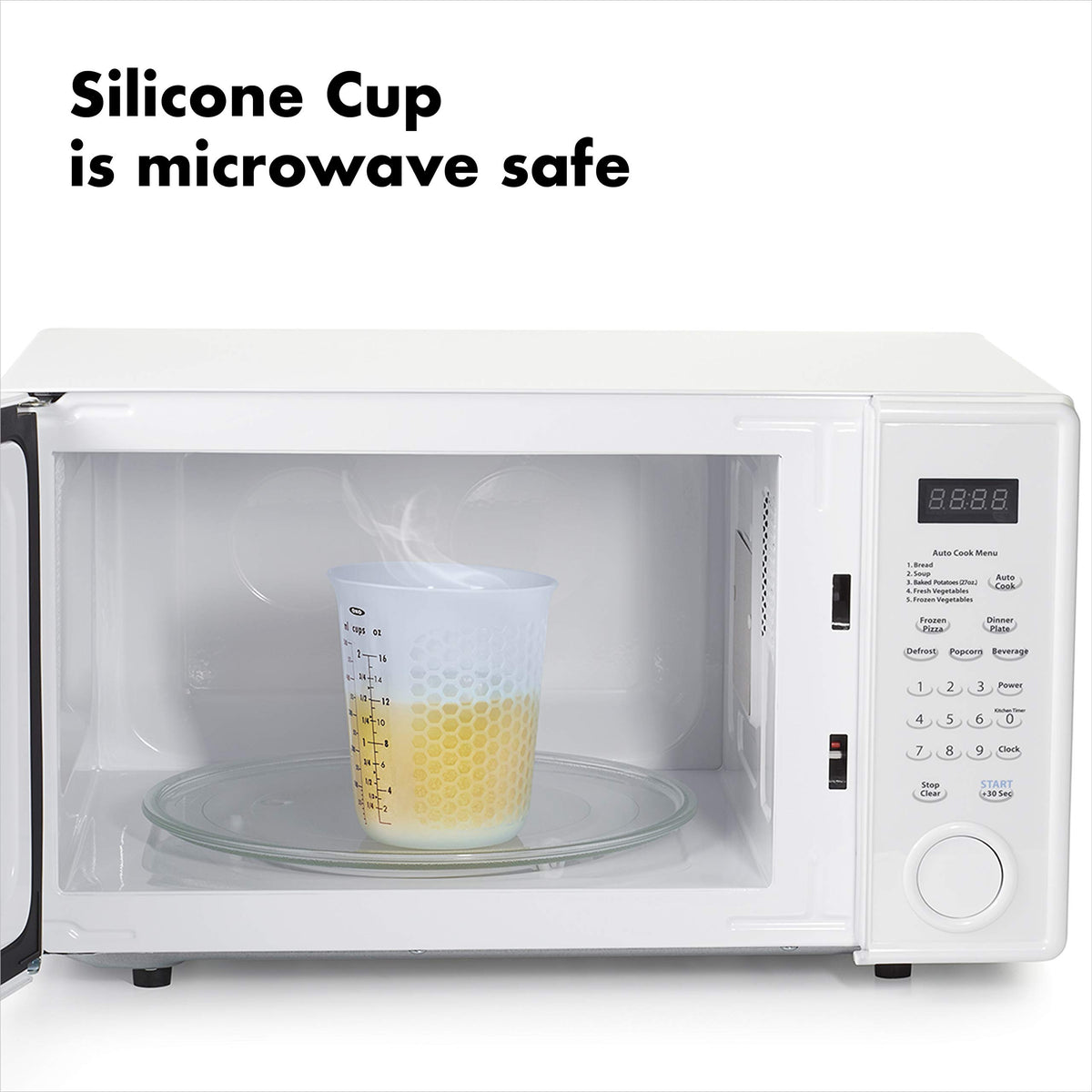 OXO Good Grips silicone cup shows clear measurement marks for precise cooking.
