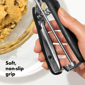 OXO Good Grips small cookie scoop on baking sheet.