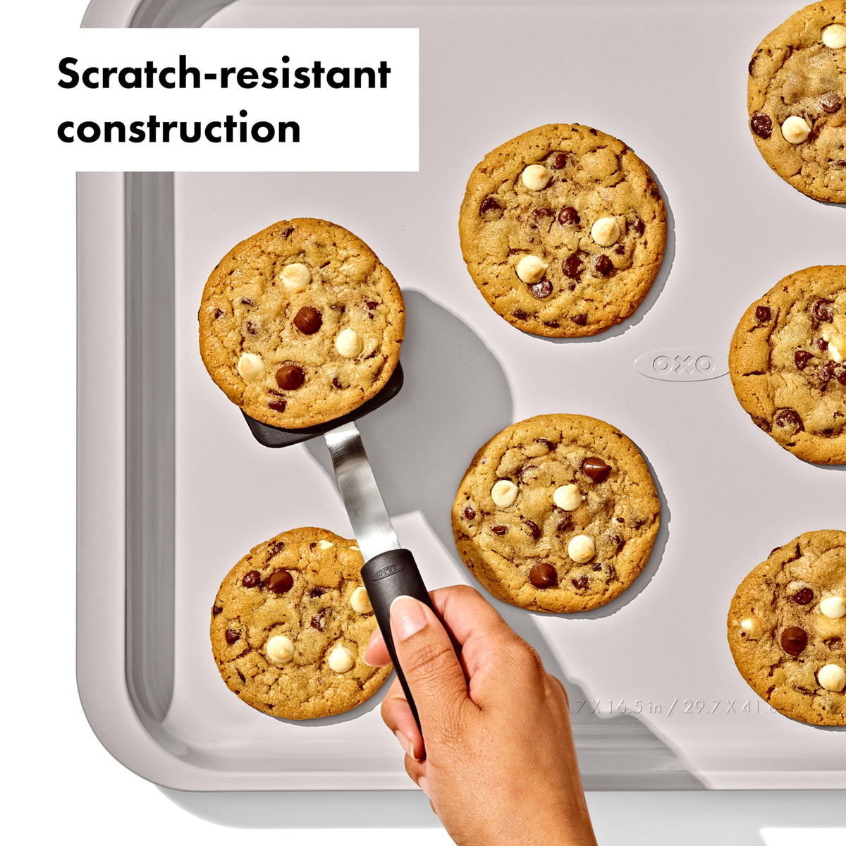 Square-rolled edge adds strength to the OXO Good Grips half sheet pan