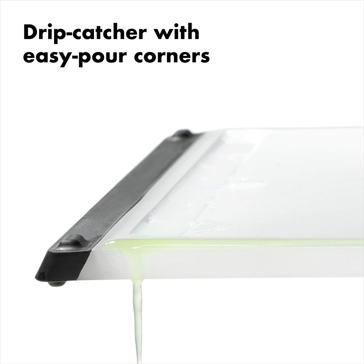 OXO Good Grips Utility Cutting Board, easy-pour corners help you pour liquids neatly.