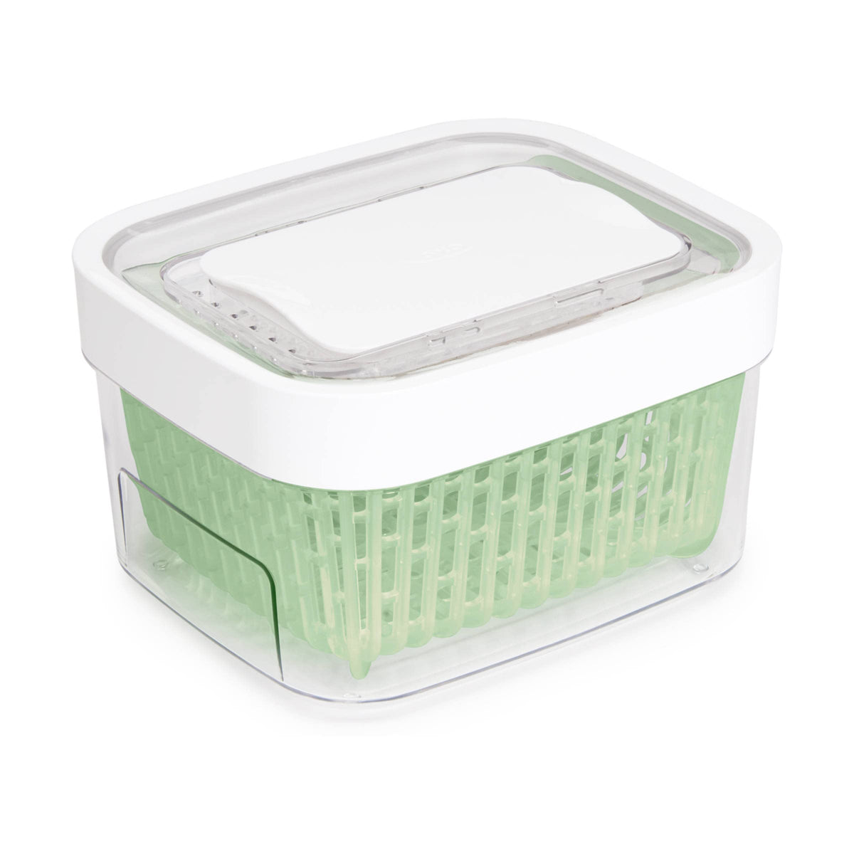 OXO Greensaver elevated basket doubles as a colander during prep.