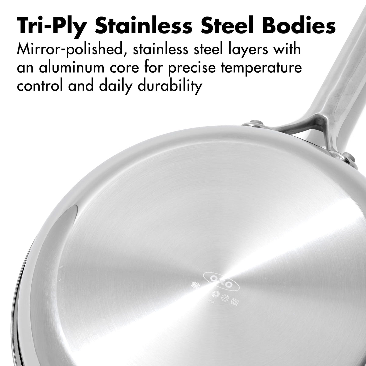 OXO Hybrid 12in frypan etched pattern closeup highlighting heat focus for even browning