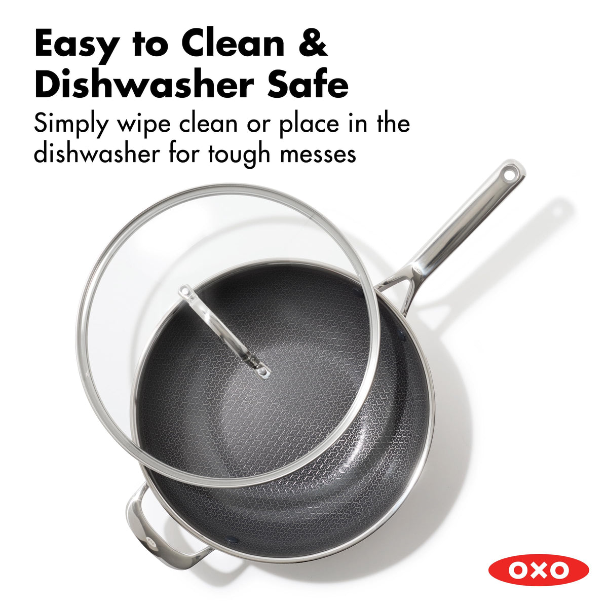 OXO Hybrid ergonomic stainless steel handle stays cool and secure