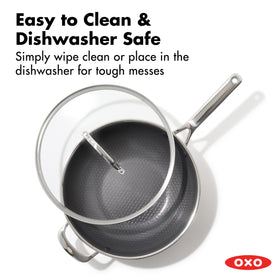 OXO Hybrid ergonomic stainless steel handle stays cool and secure