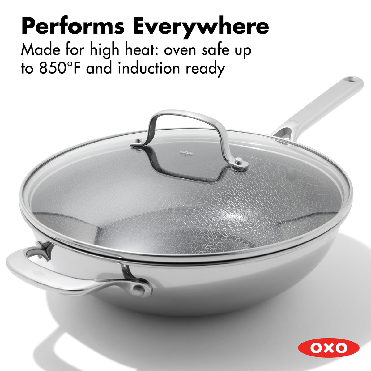 OXO Hybrid raised etched pattern concentrates heat for even browning
