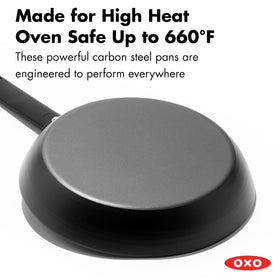 OXO Obsidian 10in carbon steel frying pan in oven for high-heat finishing.