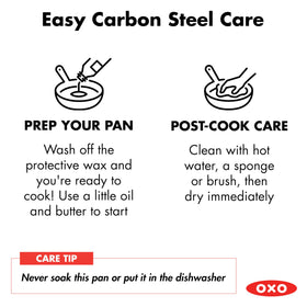 OXO Obsidian 10in carbon steel frying pan with silicone sleeve for comfortable handling.