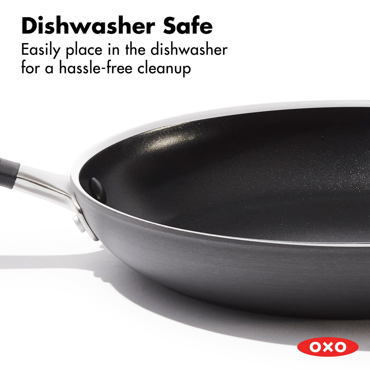 OXO frying pan's silicone-wrapped handle provides a secure grip and easy maneuvering.