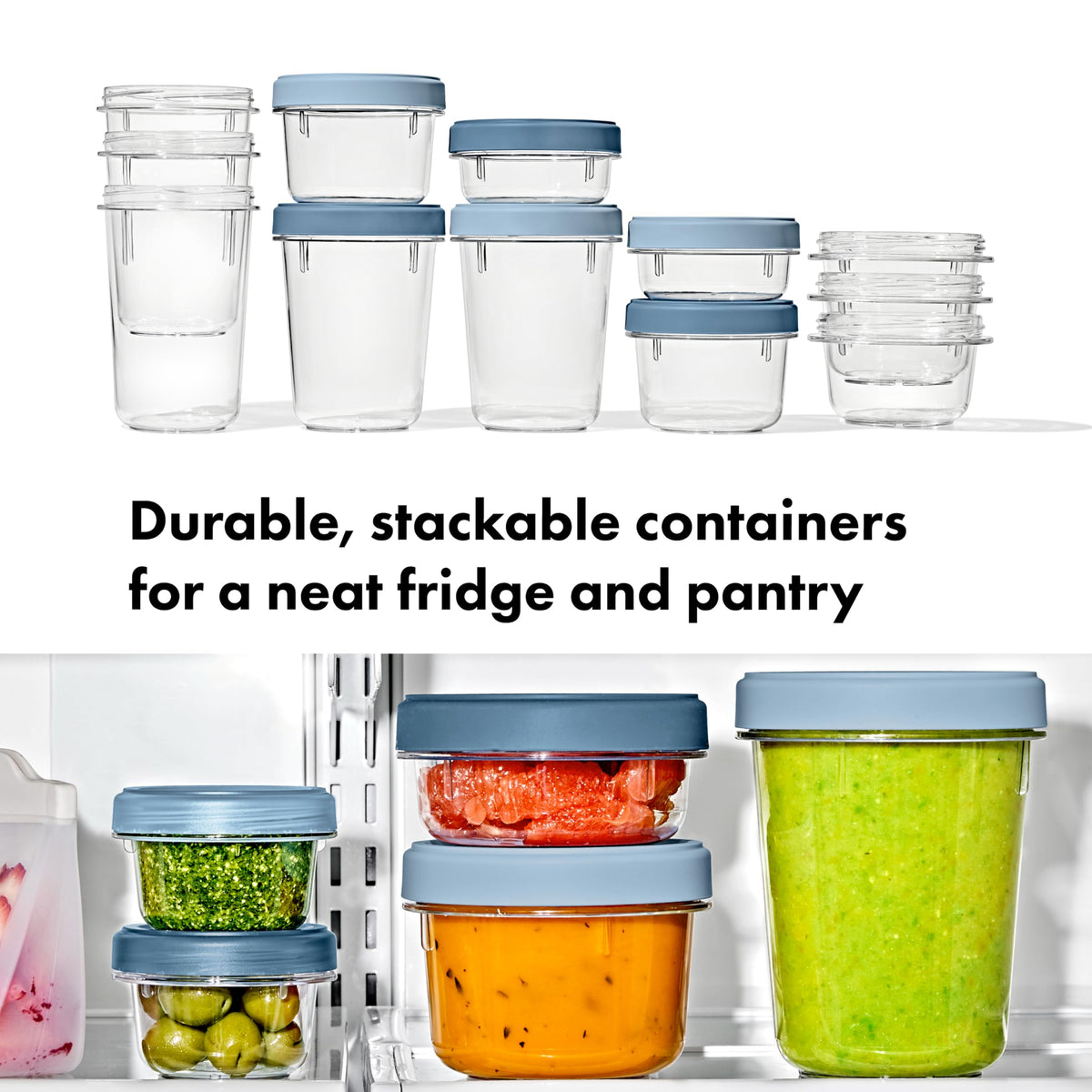 OXO 32oz container in fridge illustrates compact, space-saving stacking