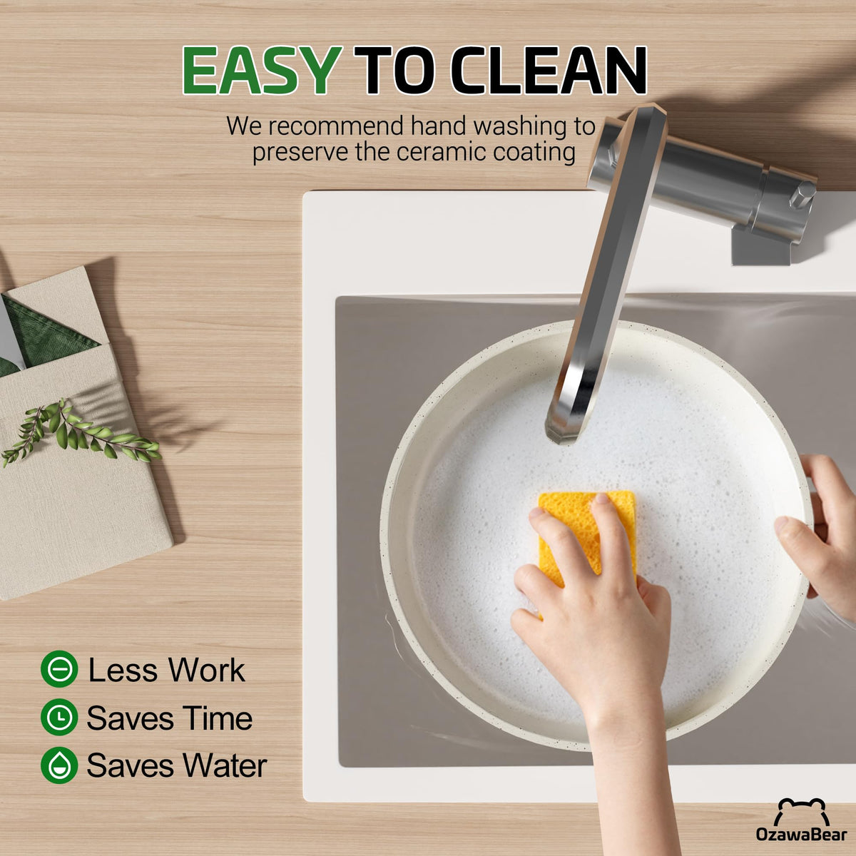 OzawaBear easy-clean ceramic coating ensures quick release and less scrubbing.