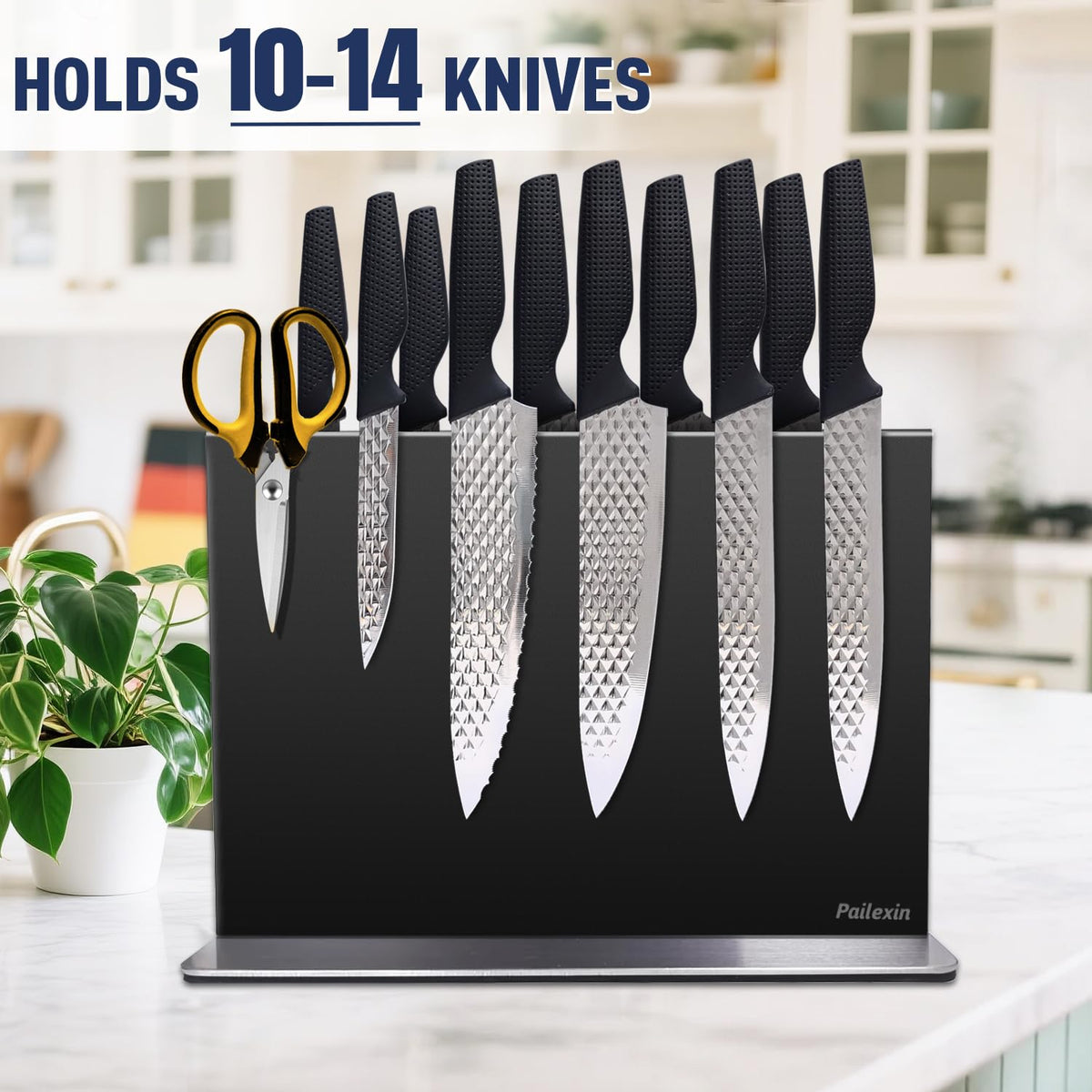Pailexin knife block on counter is dishwasher-safe and easy to wipe clean.