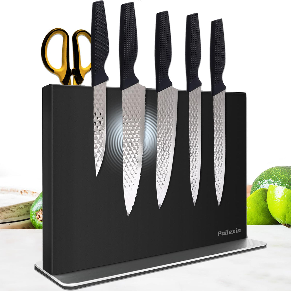 Pailexin magnetic knife block front view showing double-sided magnets for easy access.