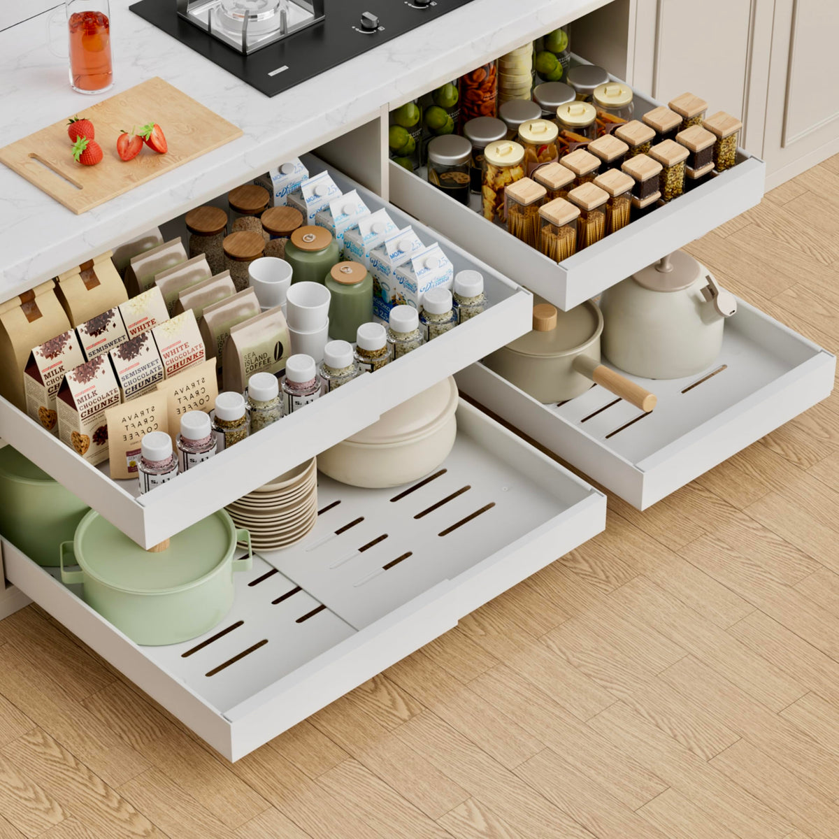 PAKETA 4-pack expandable pull-out organizer in a deep cabinet for organized storage.