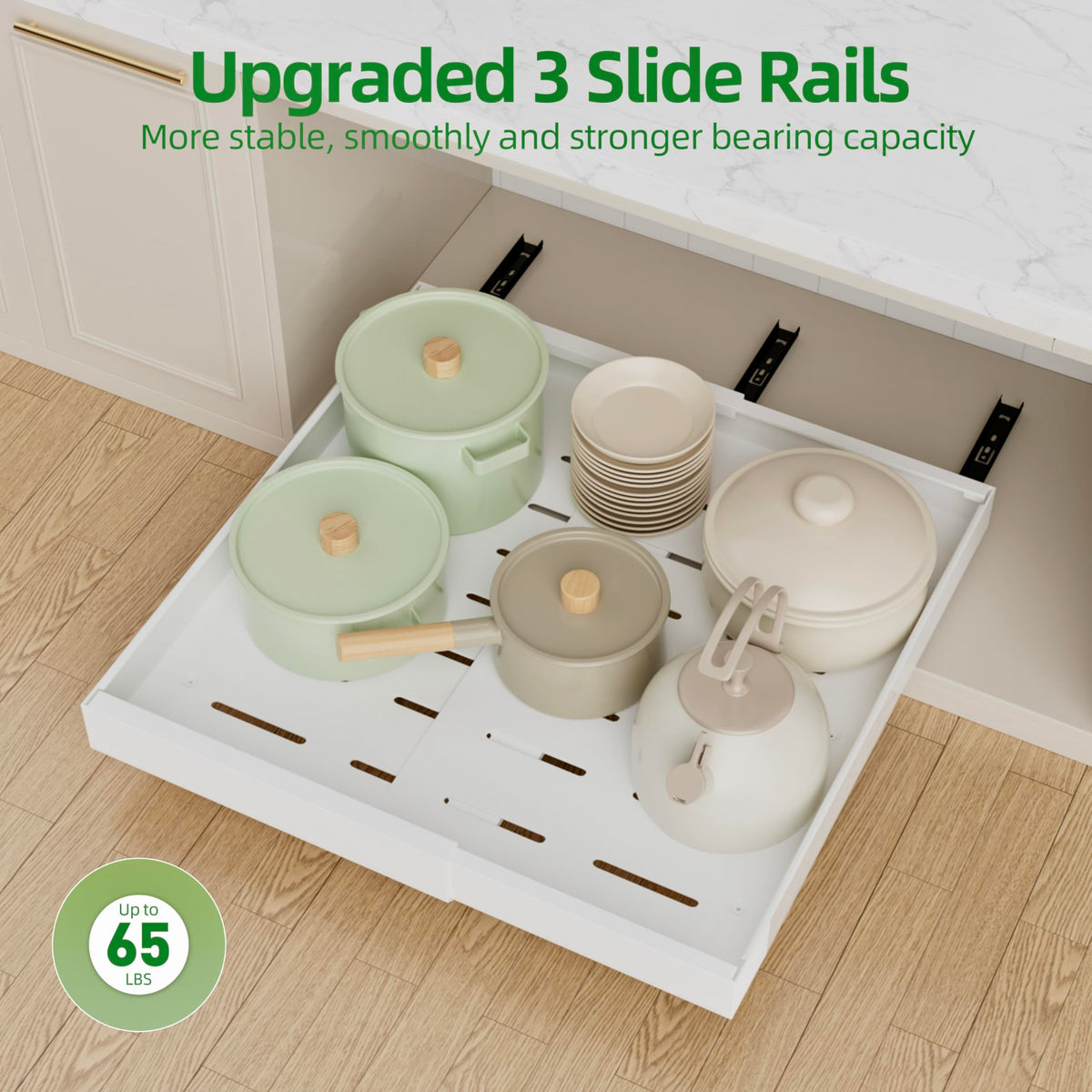 PAKETA cabinet organizer helps neatly arrange spices, pots, and pans.