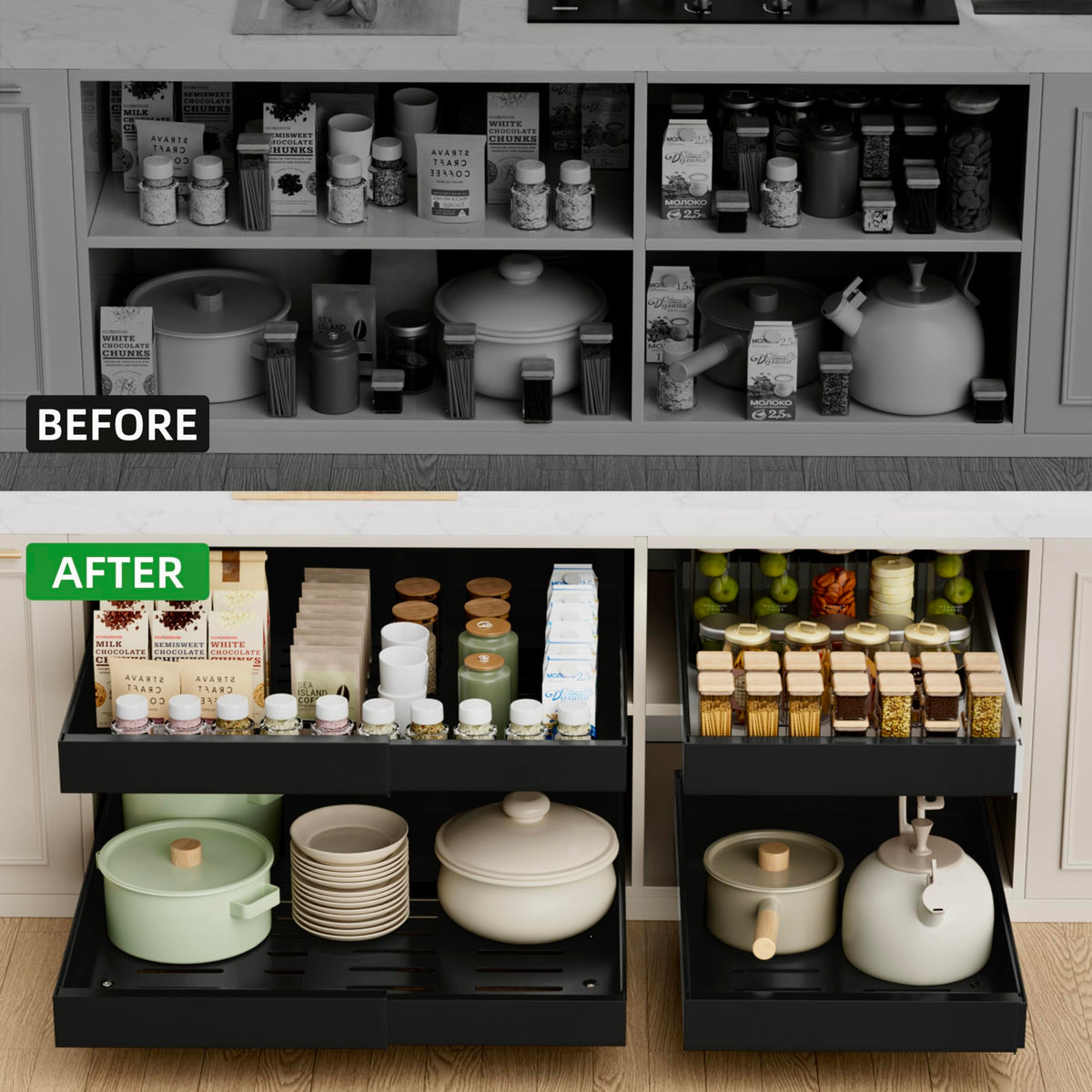PAKETA nano adhesive installation option for secure, tool-free mounting in kitchen cabinets