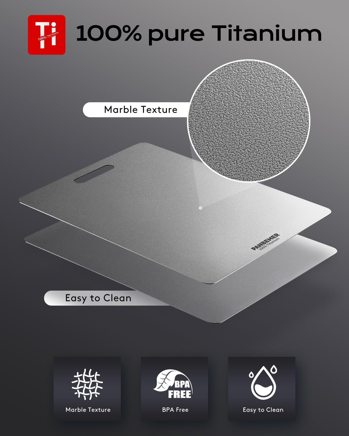 Panbemer titanium cutting board in dishwasher-friendly finish for easy cleanup
