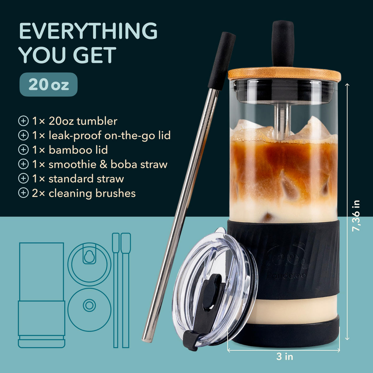 Pandaloo bamboo lid paired with the glass cup for indoor use.