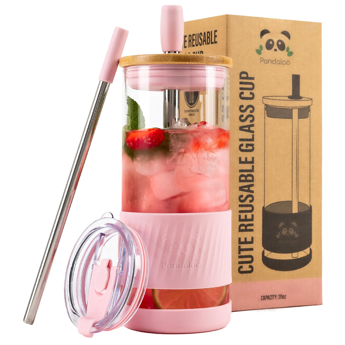 Pandaloo tender pink glass cup with lid and straw for iced coffee on the go