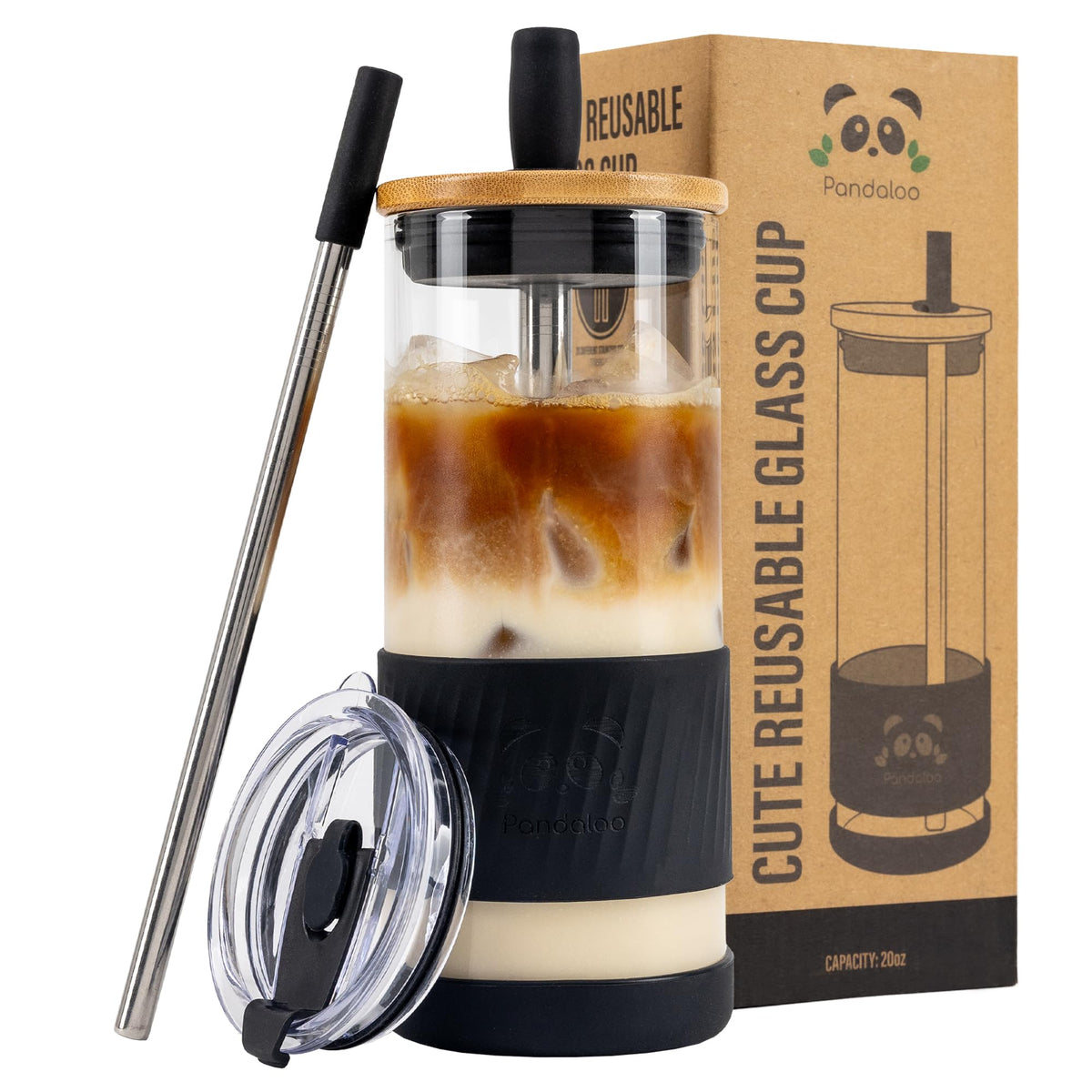 Pandaloo glass cup with lids and straws 20oz ready for iced coffee and smoothies.
