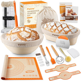 Panny round banneton with linen liner for even proofing and easy release.