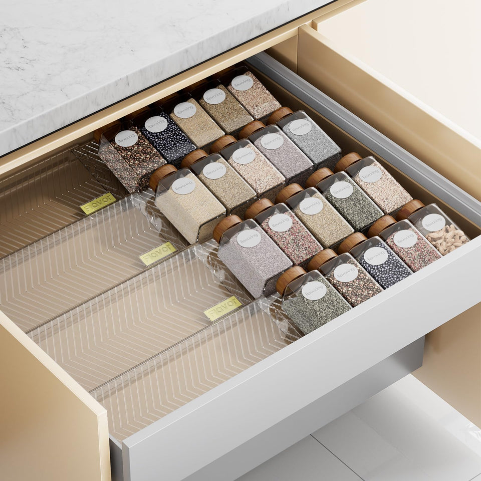 PanPanPal Spice Drawer Organizer extendable 11-22 inches for customizable drawer storage.