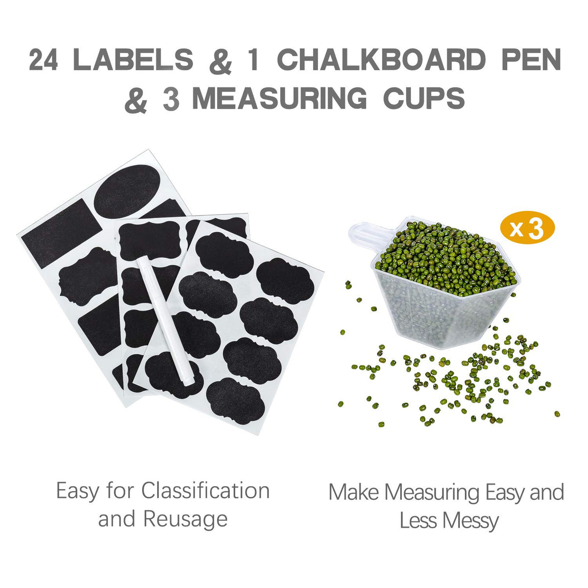 PANTRYSTAR 24 labels and 3 measuring cups aid accurate portioning.