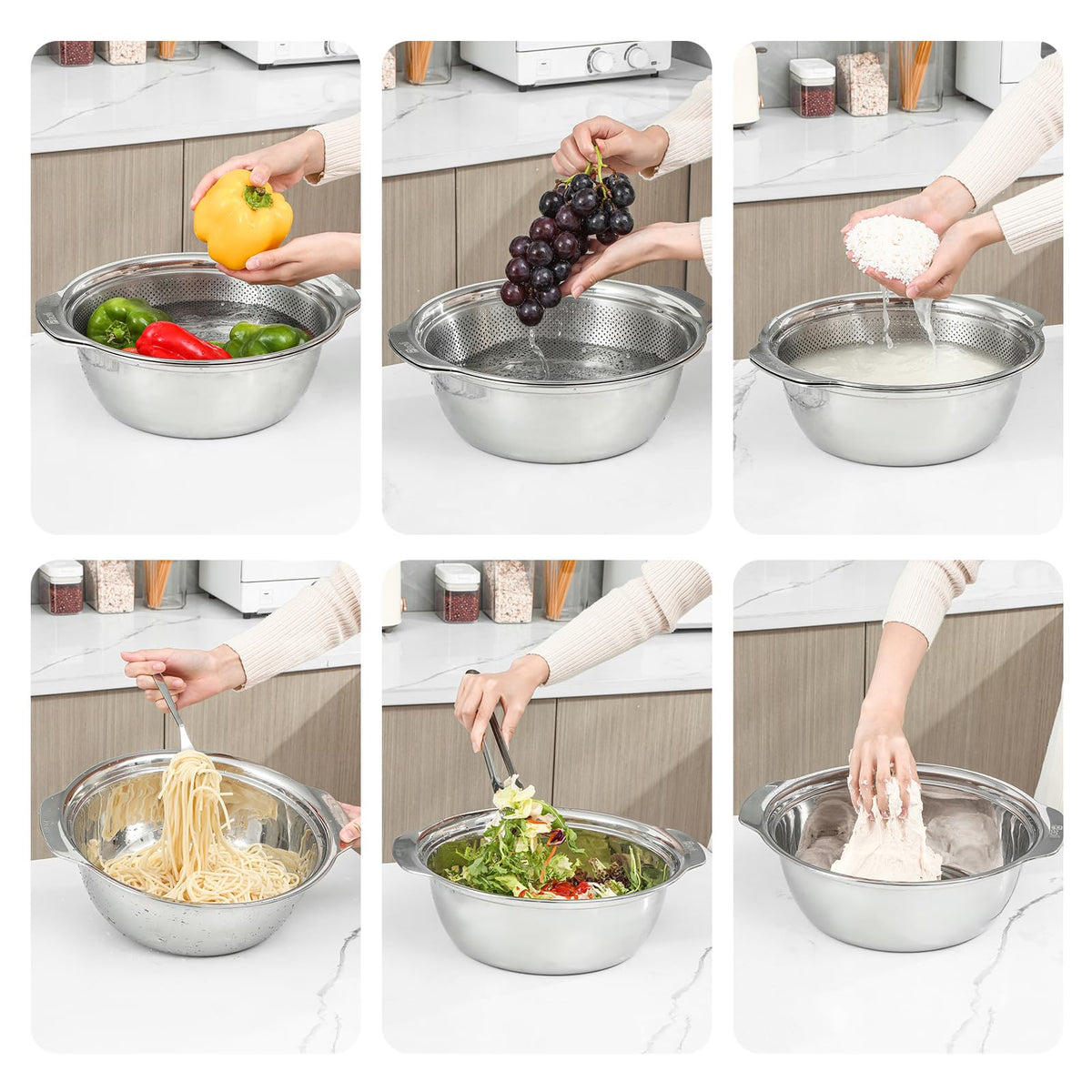 Paoli colander with handle and mixing bowl ready for easy rinsing and prep.