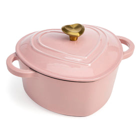 Paris Hilton heart-shaped 4-quart dutch oven pink exterior with gold knob, even heat for braises.
